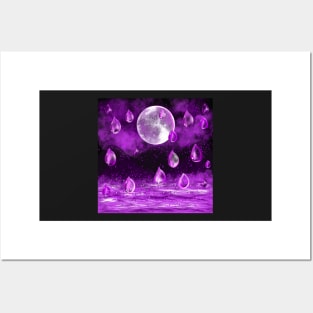 Full moon in the rain, purple midnight landscape with raindrops falling into Water Posters and Art